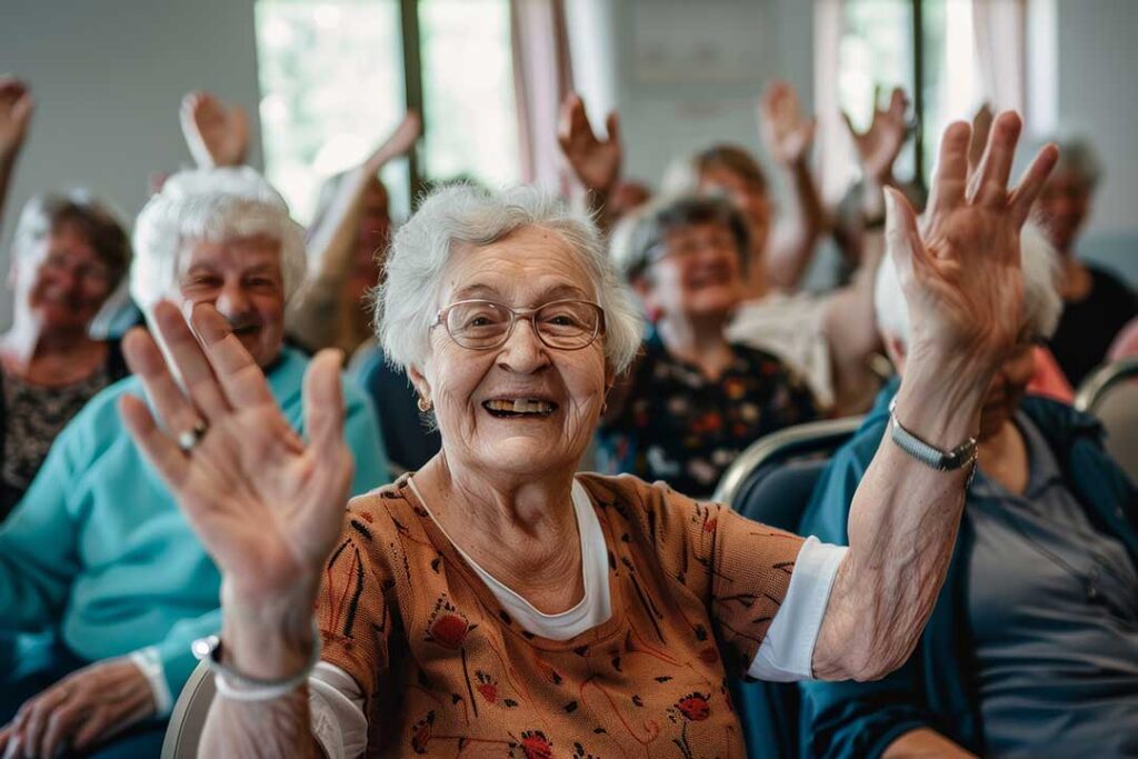 Older adults sharing a meal in a bright assisted living dining room with a caregiver nearby.